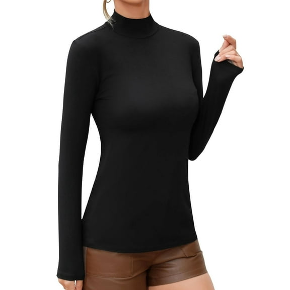 Women's Turtleneck Long Sleeve Shirts Casual Basic T Shirts Lightweight Base Layer Solid Slim Fit Tops