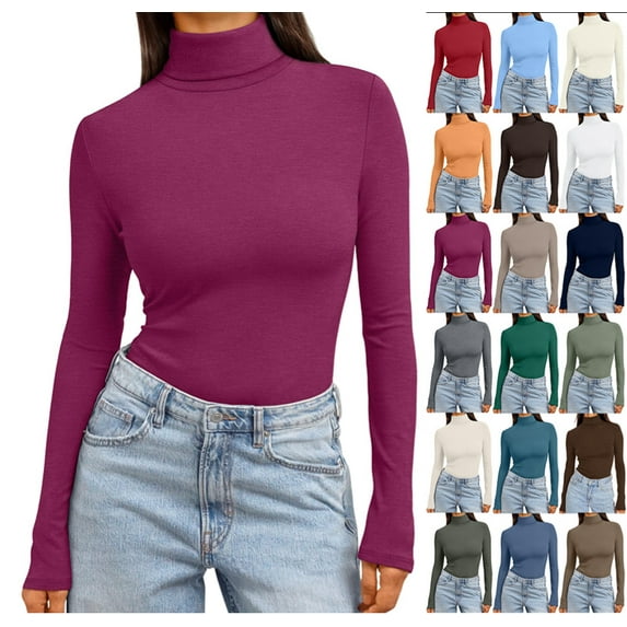 Women's Turtleneck Long Sleeve Shirts Fall Fashion Basic Thermal Underwear Tops Winter Clothes 2025 Purple L