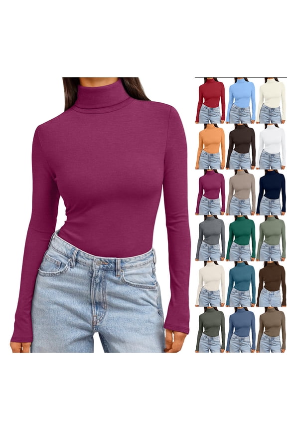 Women's Turtleneck Long Sleeve Shirts Fall Fashion Basic Thermal Underwear Tops Winter Clothes 2025 Purple XS