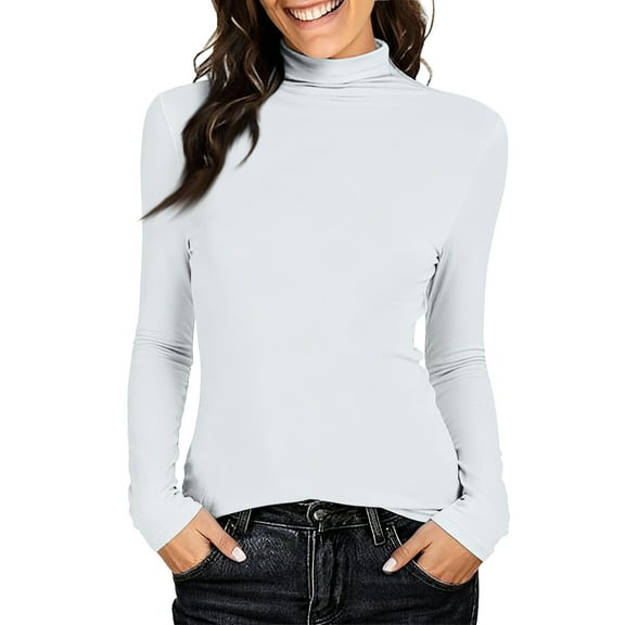 Women's Turtleneck Long Sleeve Shirts Fall Fashion Basic Thermal Underwear Tops Winter Clothes 2025 White 2XL