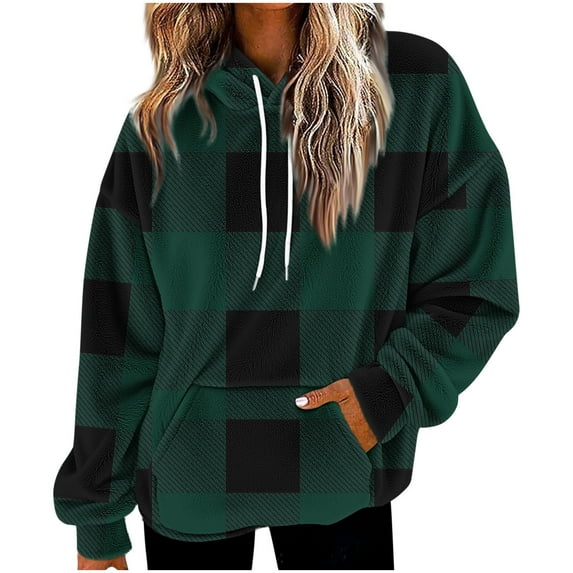 Womens Casual Winter Warm Fleece Sherpa Lined Pullover Hooded Sweatshirt Fashion Plaid Print Y2K Clothes