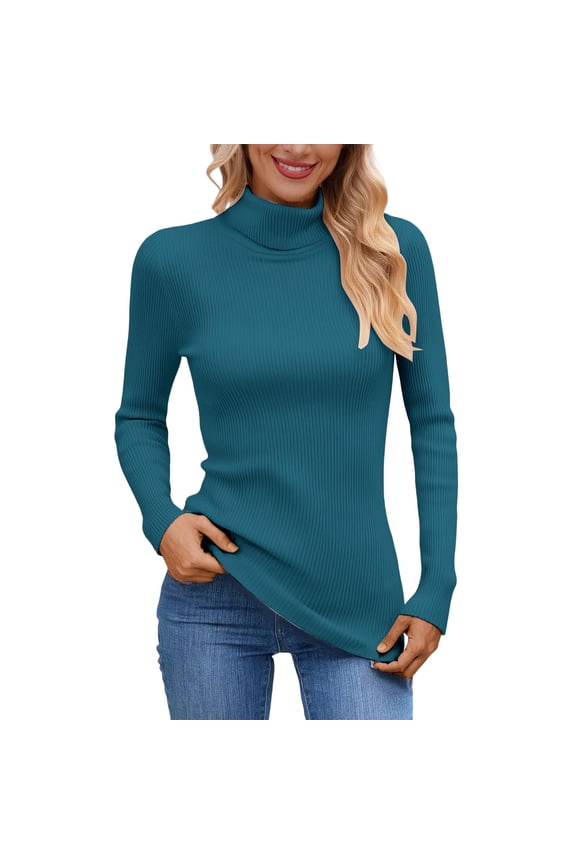 Women's Turtleneck Long Sleeve Shirts Fall Trendy Tops Slim Fitted Ribbed Knit Basic Casual Sweater,ONE SIZE,Blue