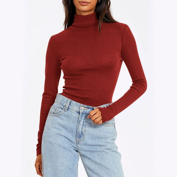 Women's Turtleneck Long Sleeve Shirts, Slim Fitting Basic Layer Tops Solid Color Comfortable Tight Shirt Red XXL