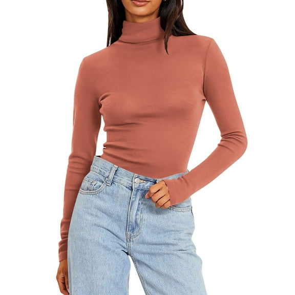 Women's Turtleneck Long Sleeve Shirts, Slim Fitting Thermal Underwear Tops, Fall Lightweight Pullover Basic Tees M