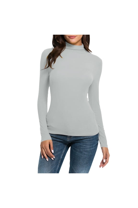 Women's Turtleneck Long Sleeve Shirts Tight Thermal Layering Basic Tops Slim Fit Mock Undershirt Tees Winter Fall Light Gray XL