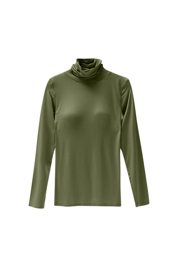 Women's Turtleneck Long Sleeve Shirts With Chest Basic Tops Cotton Solid Color Blouse Army Green XXL