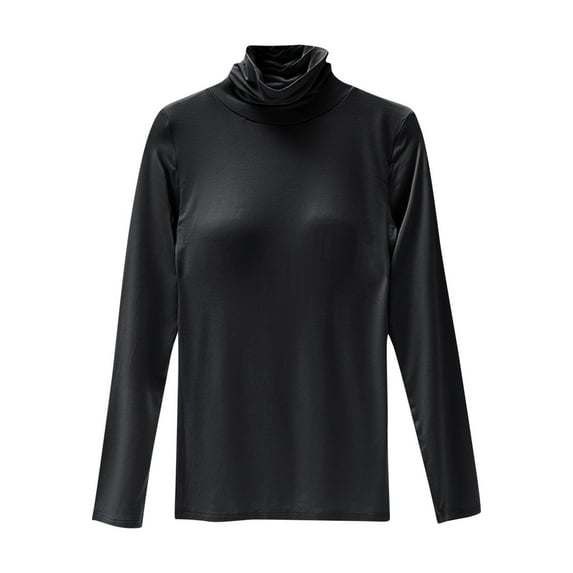 Women's Turtleneck Long Sleeve Shirts With Chest Basic Tops Cotton Solid Color Blouse Black L