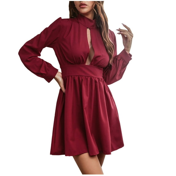 Women's Turtleneck Long Sleeve Solid Color Pleated A Line Swing Dress Hollow Out Loose Dress Short Mini Dress