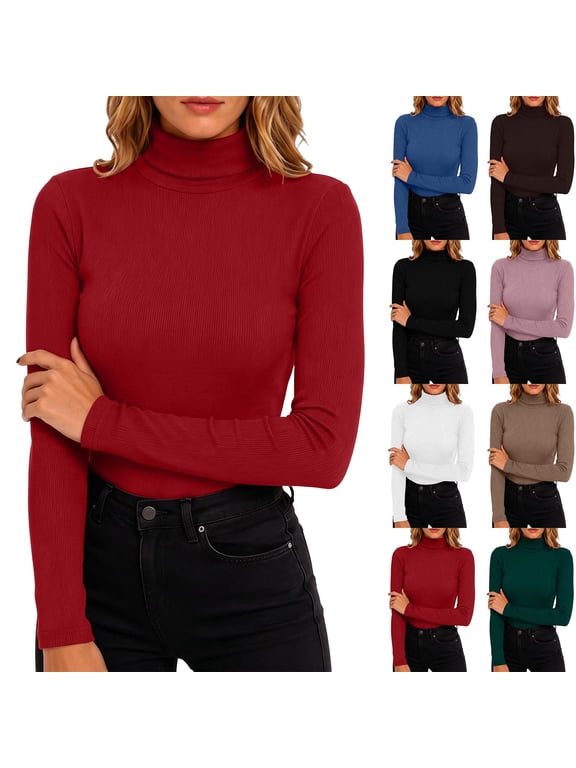 Women's Turtleneck Long Sleeve Top Ribbed Knit Slim Fit Basic Casual Pullover