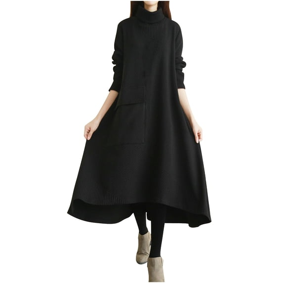 Women's Turtleneck Maxi Dresses Long Sleeve Casual Knitted Vintage Long Dress with Irregular Hem Trendy Fall 2025