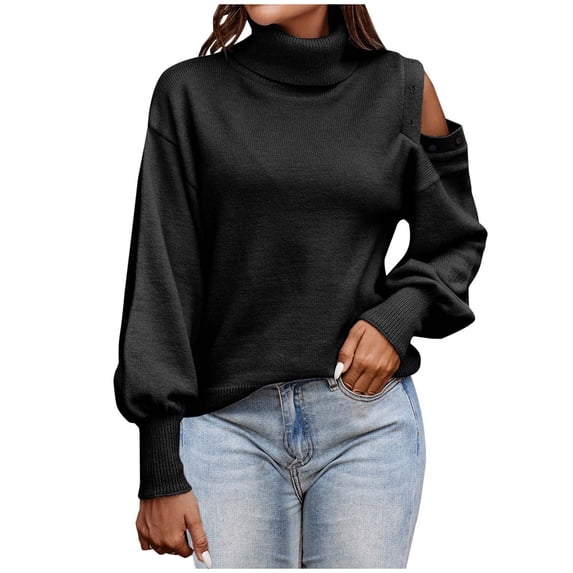 Women's Turtleneck Off Shoulder Sweaters Long Sleeve Solid Chunky Knit Sweater Casual Soft Pullover Jumper Tops Ladies Clothes