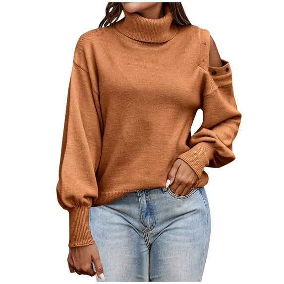 Women's Turtleneck Off Shoulder Sweaters Long Sleeve Solid Knit Sweater Casual Soft Pullover Jumper Tops Ladies Clothes