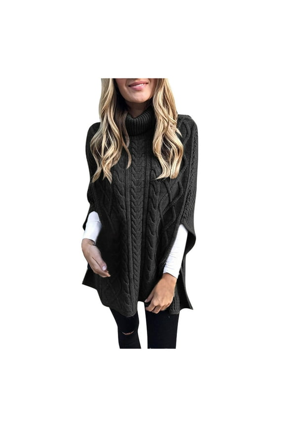 Women's Turtleneck Oversized Sweaters 2025 Fall Long Batwing Sleeve Spilt Hem Tunic Pullover Sweater Knit Tops Black XXXL