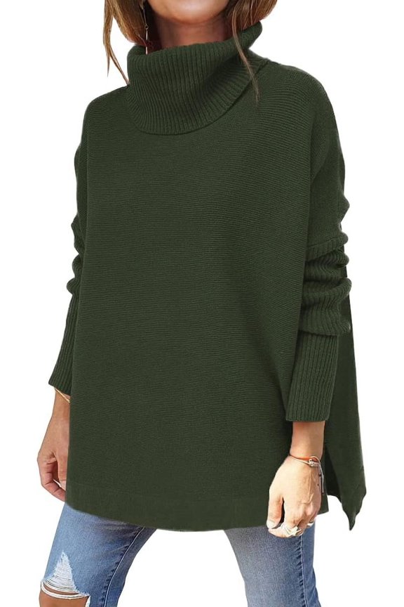 Women's Turtleneck Oversized Sweaters Long Batwing Sleeve Spilt Hem Tunic Pullover Knit Tops