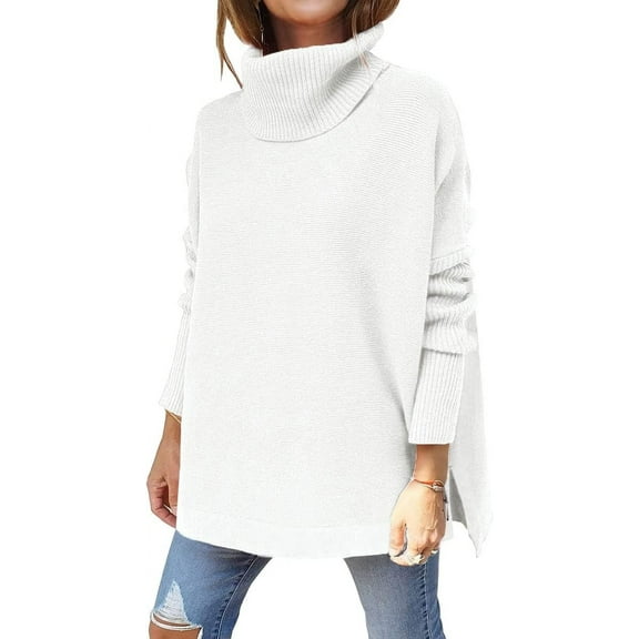 Women's Turtleneck Oversized Sweaters Long Batwing Sleeve Spilt Hem Tunic Pullover Knit Tops