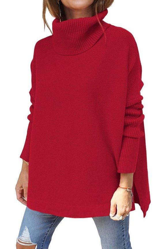Women's Turtleneck Oversized Sweaters Long Batwing Sleeve Spilt Hem Tunic Pullover Knit Tops