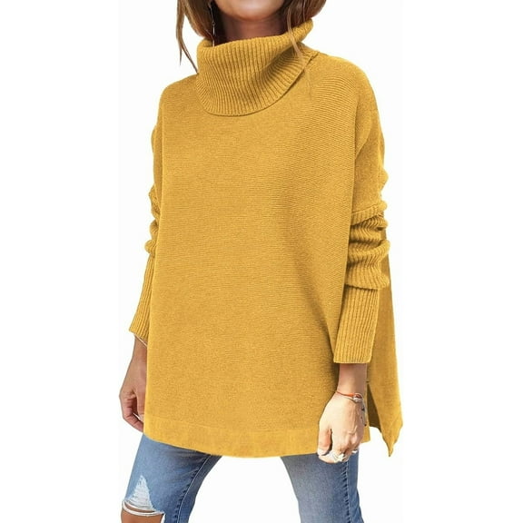 Women's Turtleneck Oversized Sweaters Long Batwing Sleeve Spilt Hem Tunic Pullover Knit Tops