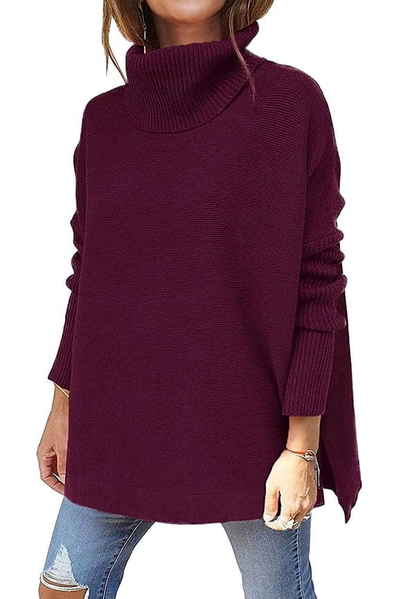 Women's Turtleneck Oversized Sweaters Long Batwing Sleeve Spilt Hem Tunic Pullover Knit Tops