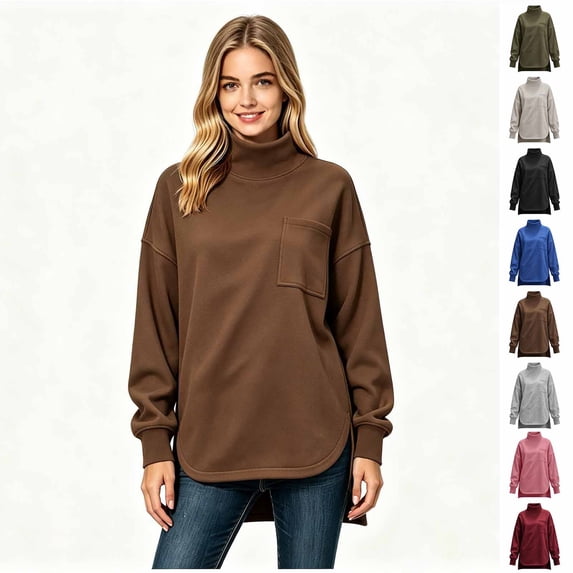 Women's Turtleneck Oversized Sweatshirt, Long Sleeve Fall Winter Casual Sweatshirt with Chest Pocket and Side Slit, Women's ,Size S-2XL