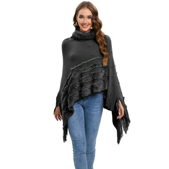 Women's Turtleneck Poncho Sweater Shawls Capes Irregular Fringed Hem Pullover Capelet Wrap Coats with Pearl Decoration