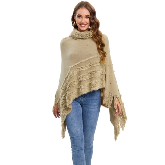 Women's Turtleneck Poncho Sweater Shawls Capes Irregular Fringed Hem Pullover Capelet Wrap Coats with Pearl Decoration