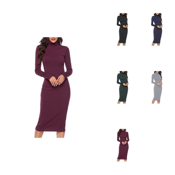Women's Turtleneck Ribbed Knit Long Sleeve Slim Fit Sweater Dress – Bodycon Midi Winter Pullover Dress