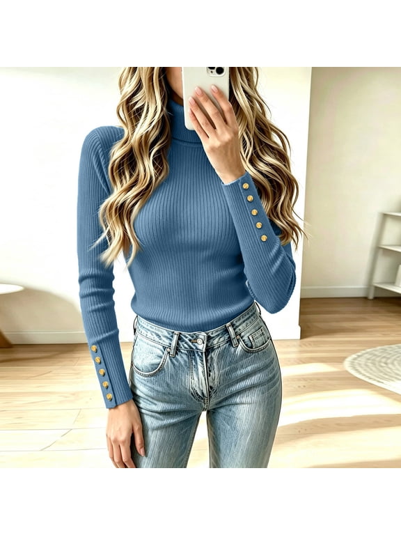 Women's Turtleneck Ribbed Knit Sweater Long Sleeve Slim Fit Pullover Tops with Cuff Buttons, M