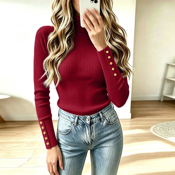 Women's Turtleneck Ribbed Knit Sweater Long Sleeve Slim Fit Pullover Tops with Cuff Buttons, S