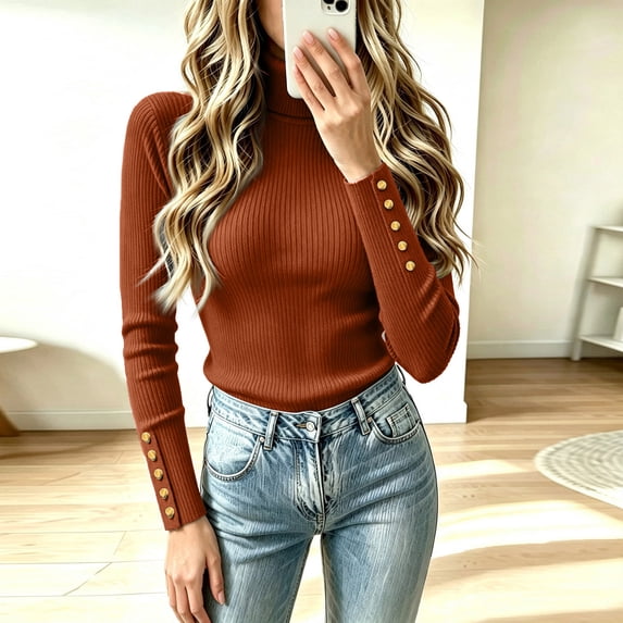 Women's Turtleneck Ribbed Knit Sweater Long Sleeve Slim Fit Pullover Tops with Cuff Buttons, XL
