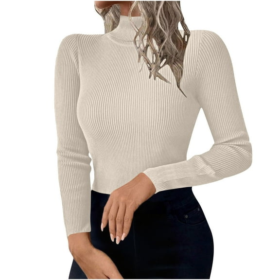 Women's Turtleneck Ribbed Shirts Thermal Undershirts Tee Long Sleeve Slim Fit Sweaters Beige 2XL