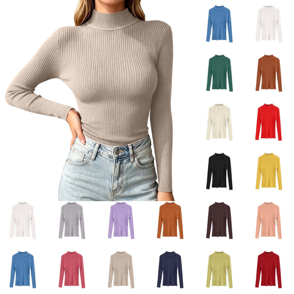 Women's Turtleneck Ribbed Sweaters Solid Long Sleeve Pullover Tops Slim Fitted Soft Lightweight Winter Fashion Outfits