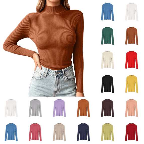 Women's Turtleneck Ribbed Sweaters Solid Long Sleeve Pullover Tops Slim Fitted Soft Lightweight Winter Fashion Outfits