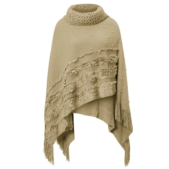Women's Turtleneck Shawl Pearl Poncho Pullover Cape Wrap Sweater Scarf Tassel