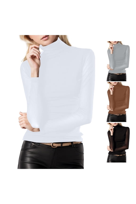 Women's Turtleneck Sheer Mesh Top for Layering - Long Sleeve Bodycon Blouse in Stretch