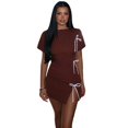 thumbnail image 1 of Women's Turtleneck Short Sleeve Lace-up Bowknot High-Split Mini Dress, Hips Wrapped, Solid Color, 1 of 20