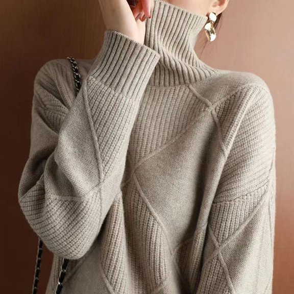 Women's Turtleneck Sweater 2025 Autumn Spliced ​ ​   Thickened Woven Pullover Loose Long Sleeve Sweater Top Fashion Winter Clothes