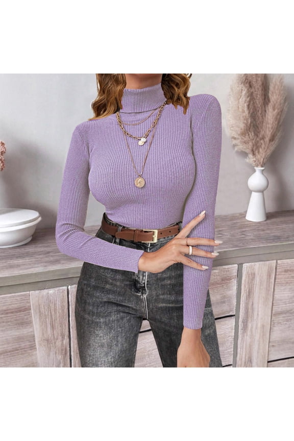Women's Turtleneck Sweater 2025 Long Sleeve Shirts Fall Trendy Tops Slim Fitted Ribbed Knit Basic Casual Sweater Purple XL