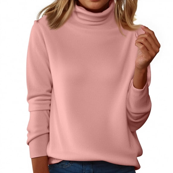 Women's Turtleneck Sweater Fall Winter Chunky Knitted Pullover Trendy Basic Top Pink 2XL