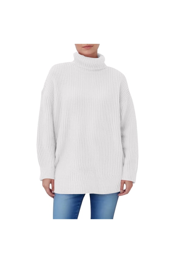 Women's Turtleneck Sweater Chunky Knit Pullover with High Low Hem (White, 2XL)