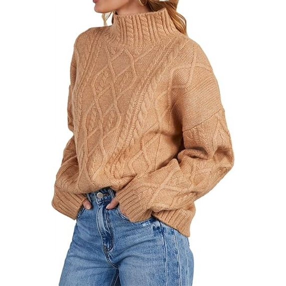 Women's Turtleneck Sweater Chunky Long Sleeve Cable Knitted Pullover Trendy 2024 Fall Winter Basic Jumper Tops