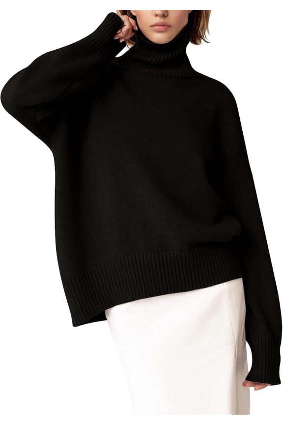 Women's Turtleneck Sweater Chunky Long Sleeve Knitted Pullover High Low Hem Trendy 2024 Fall Winter Basic Jumper Top