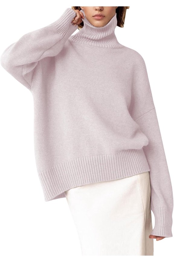 Women's Turtleneck Sweater Chunky Long Sleeve Knitted Pullover High Low Hem Trendy 2024 Fall Winter Basic Jumper Top