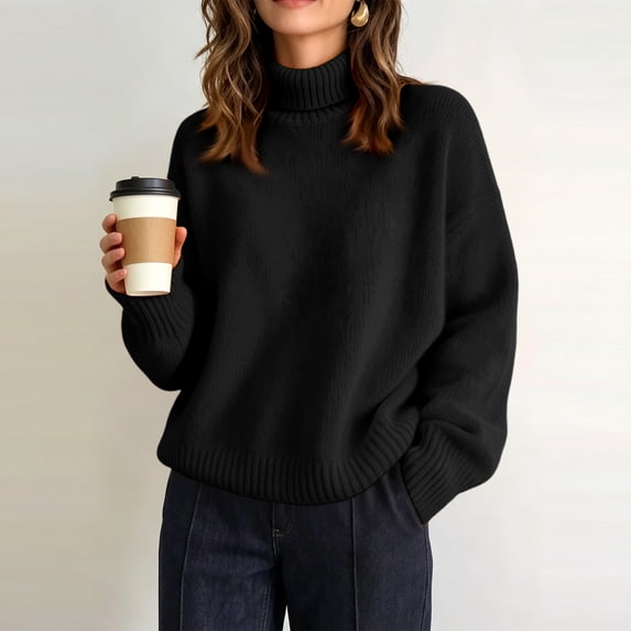 Women's Turtleneck Sweater Chunky Long Sleeve Knitted Pullover Trendy Fall Winter Basic Top