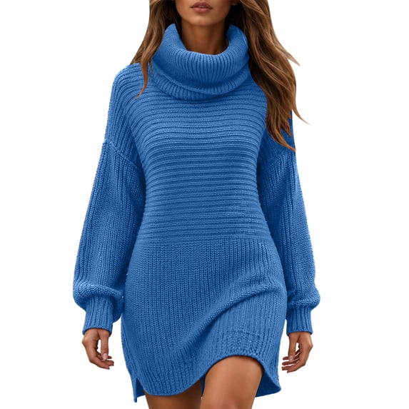 Women's Turtleneck Sweater Dress Long Sleeve Ribbed Knit Pullover Loose Fit Winter Mini Dress
