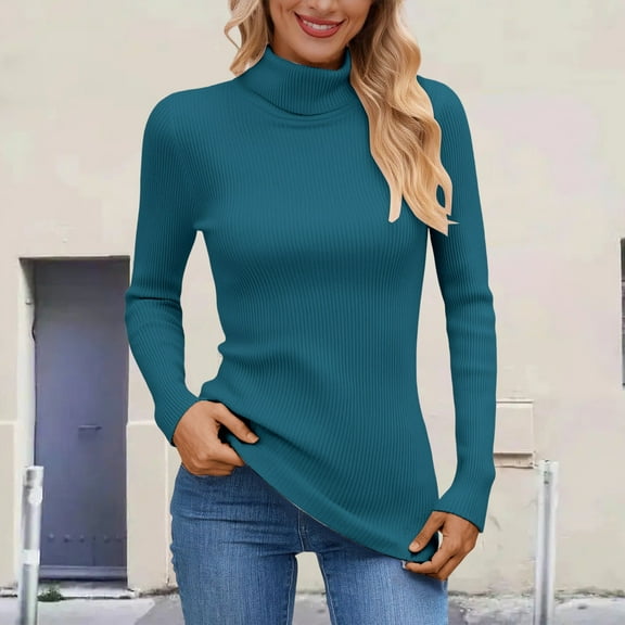 Women's Turtleneck Sweater Fall Winter Chunky Knit Sweaters (Blue ONE SIZE)