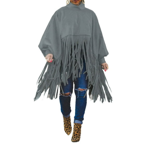 Women's Turtleneck Sweater Fringe Shawl Tassel Hem Long Sleeve Oversized Pullover Jacket Tops Hooded Cape Cloak Coats