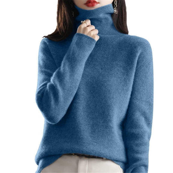 Women's Turtleneck Sweater Long Sleeve Casual Knit Pullover, Fall Winter Basic Top Blue S