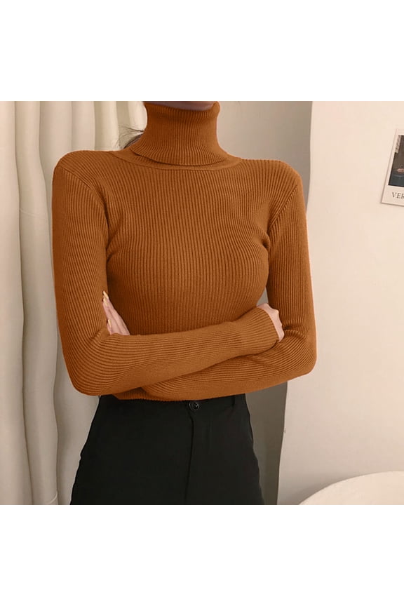Women's Turtleneck Sweater Long Sleeve Ribbed Fitted High Neck Basic Layering Pullover Tops (D One Size)