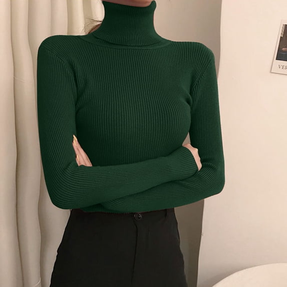 Women's Turtleneck Sweater Long Sleeve Ribbed Fitted High Neck Basic Layering Pullover Tops (Green One Size)