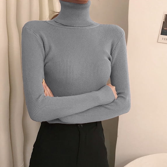 Women's Turtleneck Sweater Long Sleeve Ribbed Fitted High Neck Basic Layering Pullover Tops (Grey One Size)